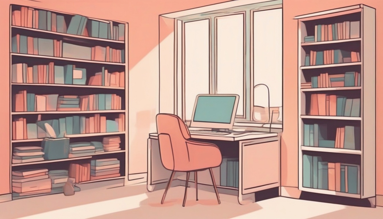 A of a desk area separated from a cozy reading nook by a ...