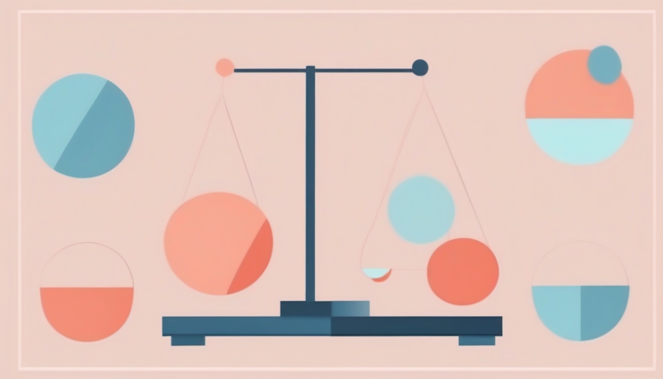 A of a balanced scale with different colored objects on e...