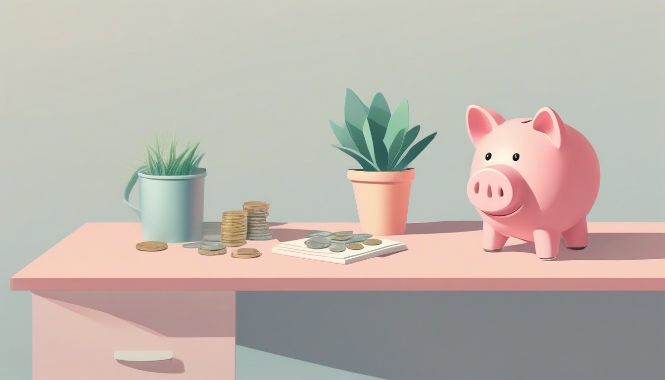 A of a piggy bank next to a neatly organized small desk w...