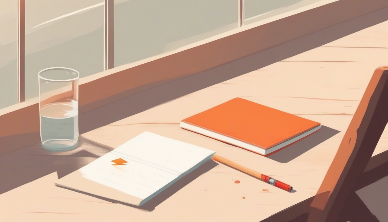 of a wooden desk with a small orange warning triangle sha...