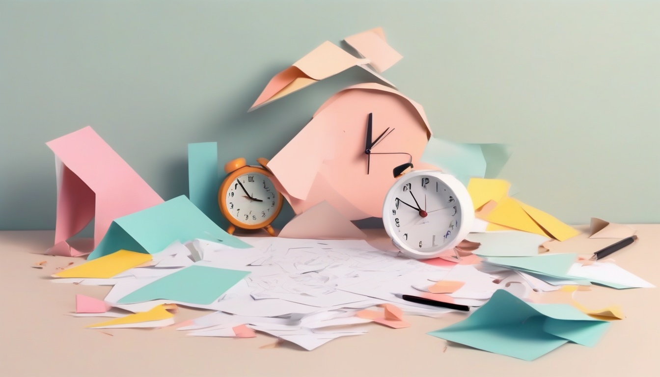 A of warning signs and a broken alarm clock with scattere...