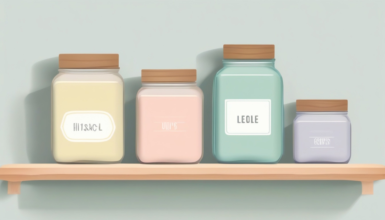 A of three jars labeled with different sizes sitting on a...