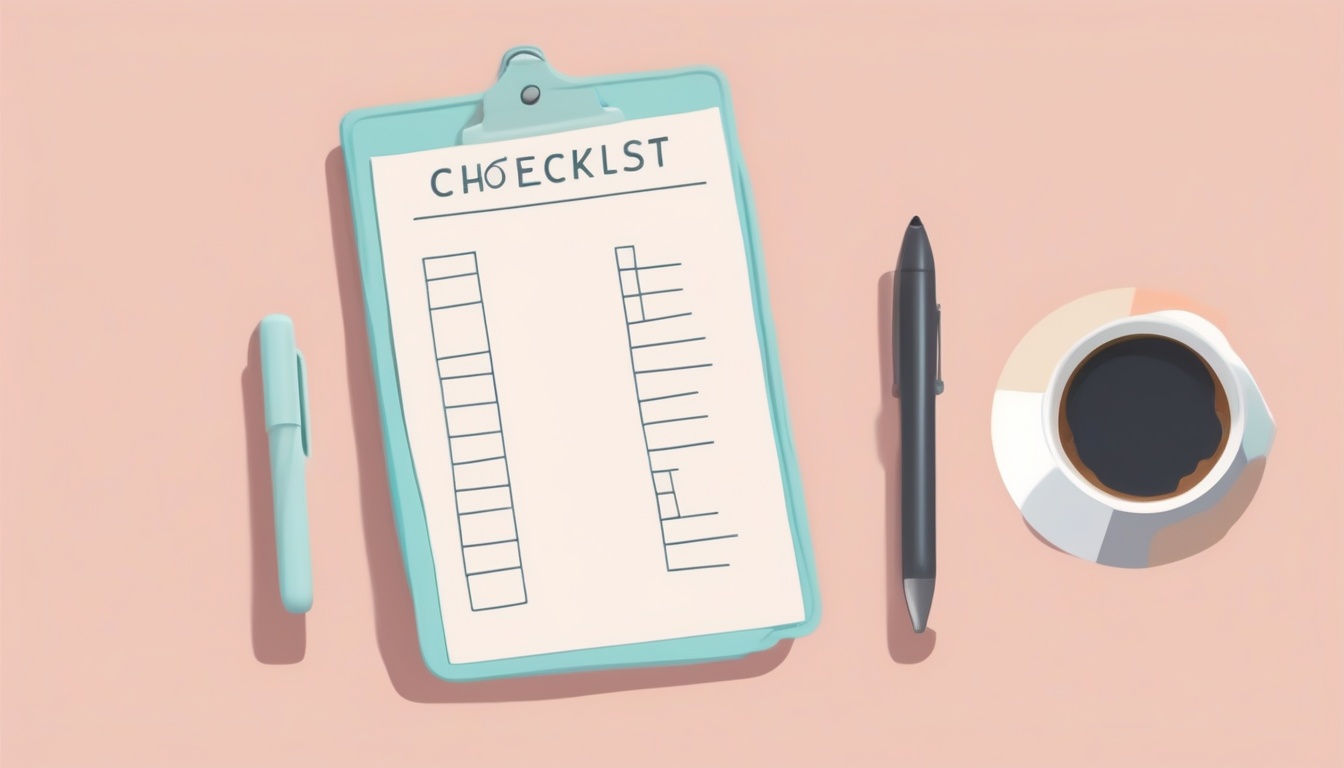 A of a checklist on a clipboard with a coffee cup beside it