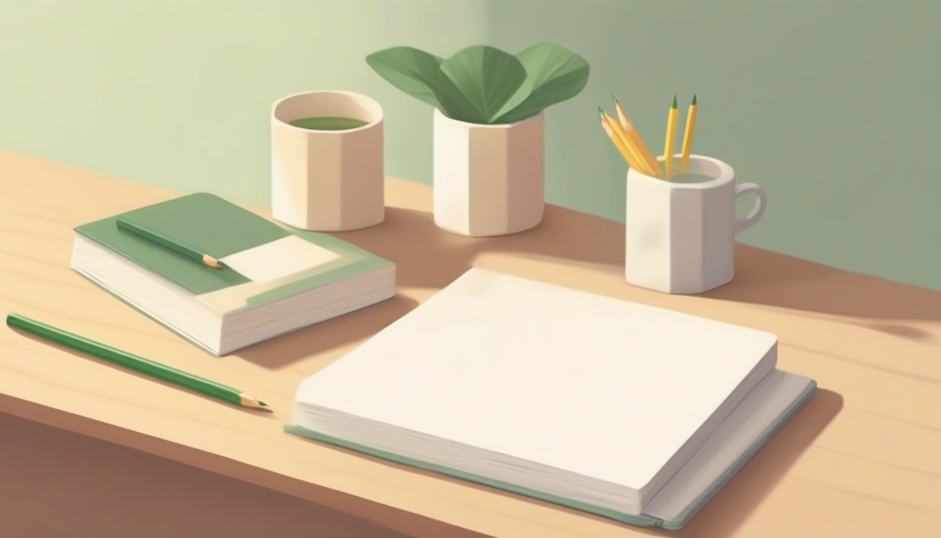 of a clean wooden desk with a single open notebook showin...