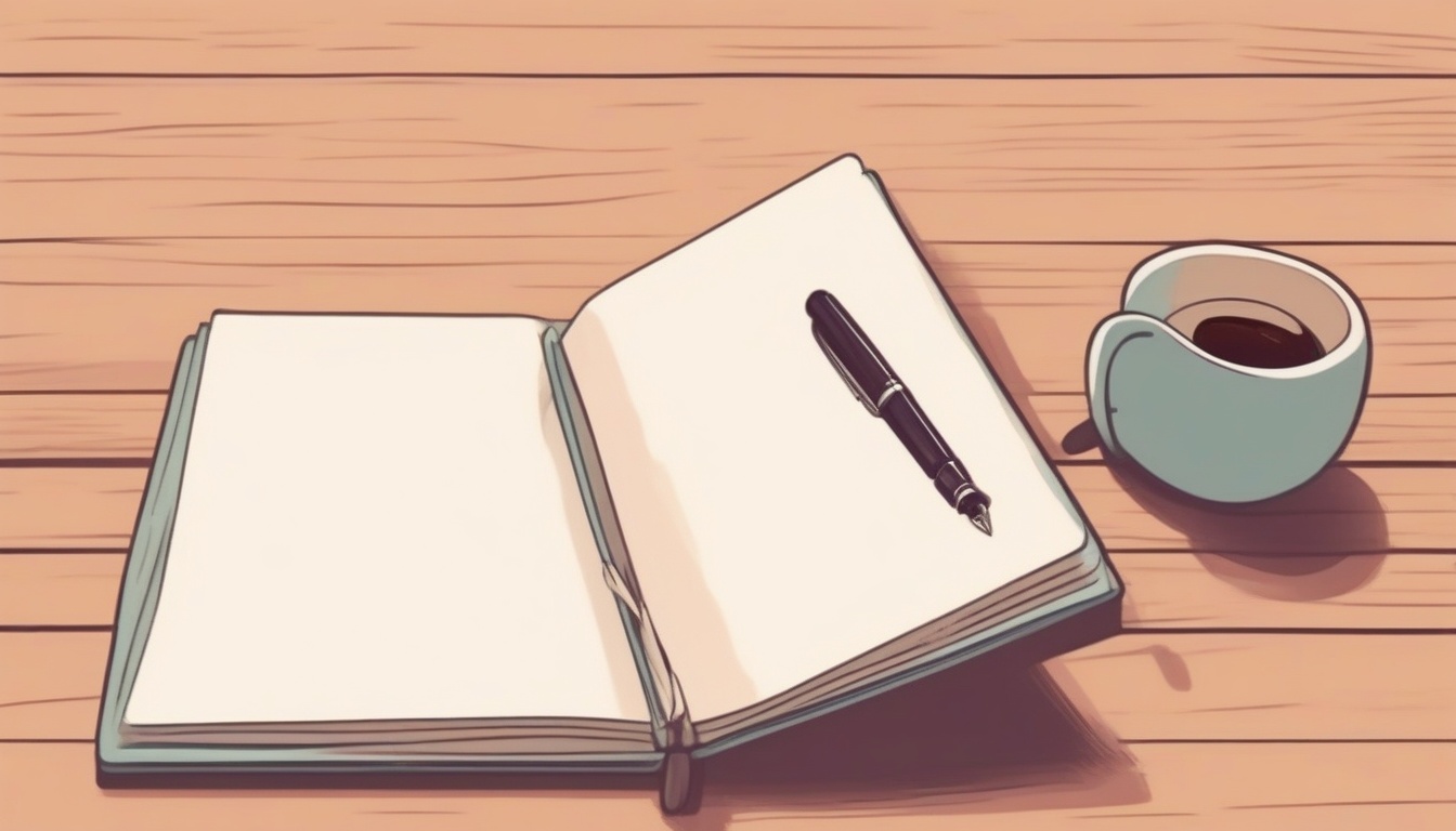 A of an open notebook with a fountain pen and coffee cup ...