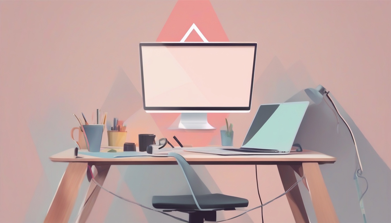 A of a warning triangle sign next to a desk setup with hi...