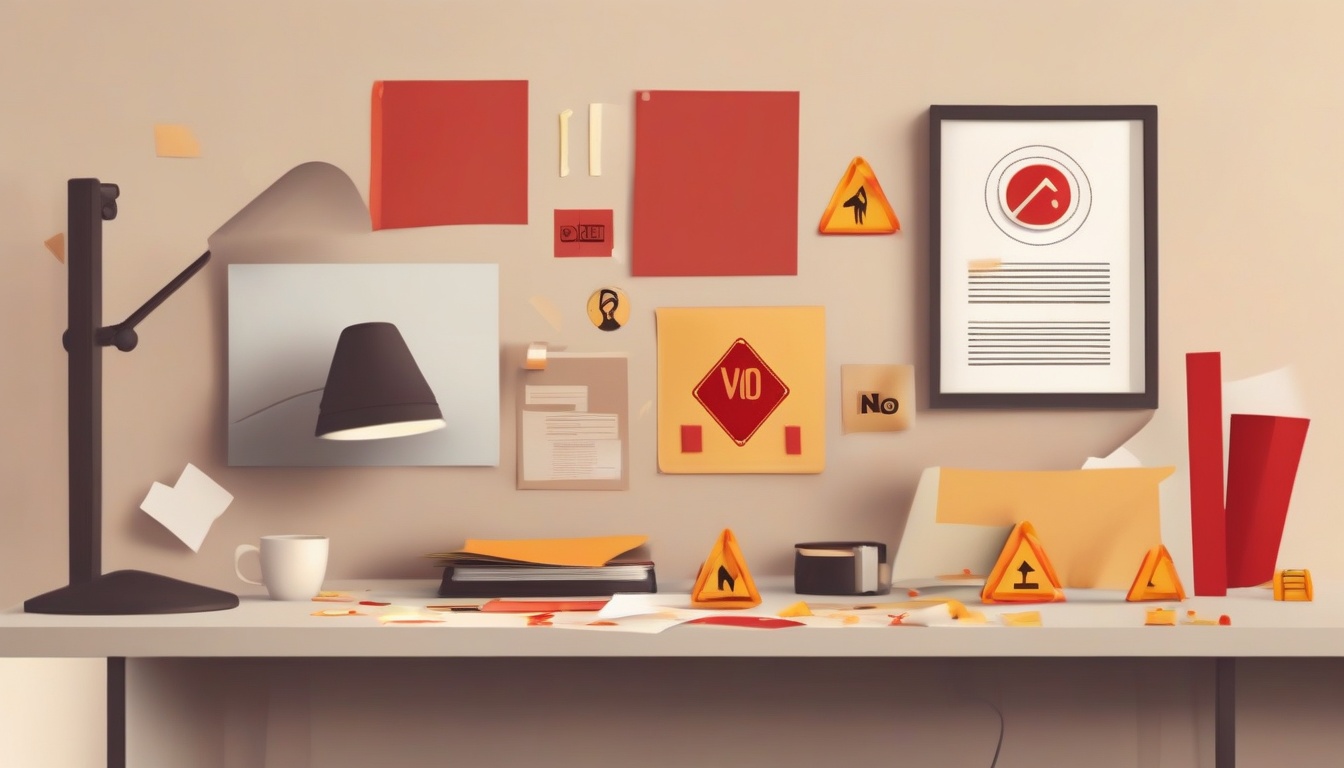 A of a warning sign next to a scattered set of document i...