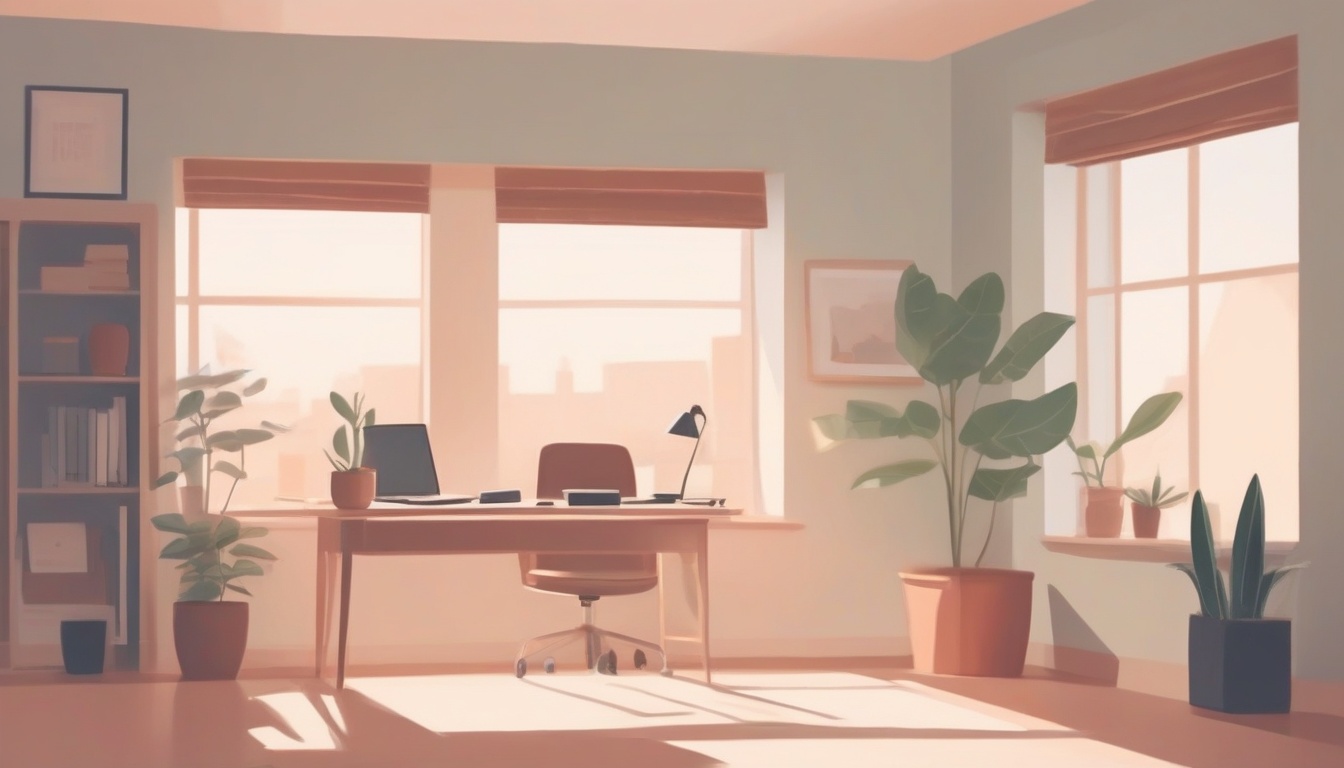 A of a clean organized home office bathed in warm natural...