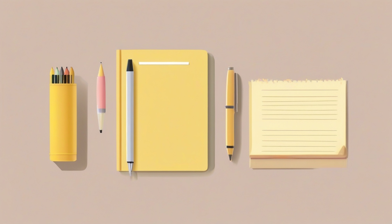 A of a yellow warning sign next to a notebook and pen on ...