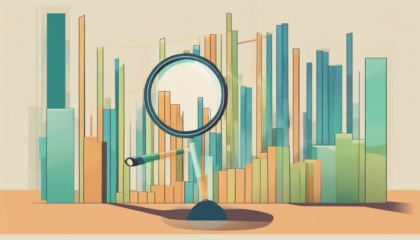 A of a bar chart with rising bars and a magnifying glass ...
