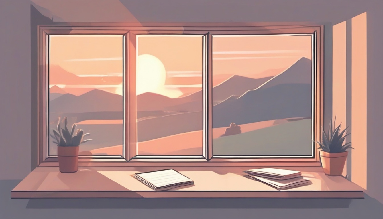 A of a sunrise view through a window with a journal and p...