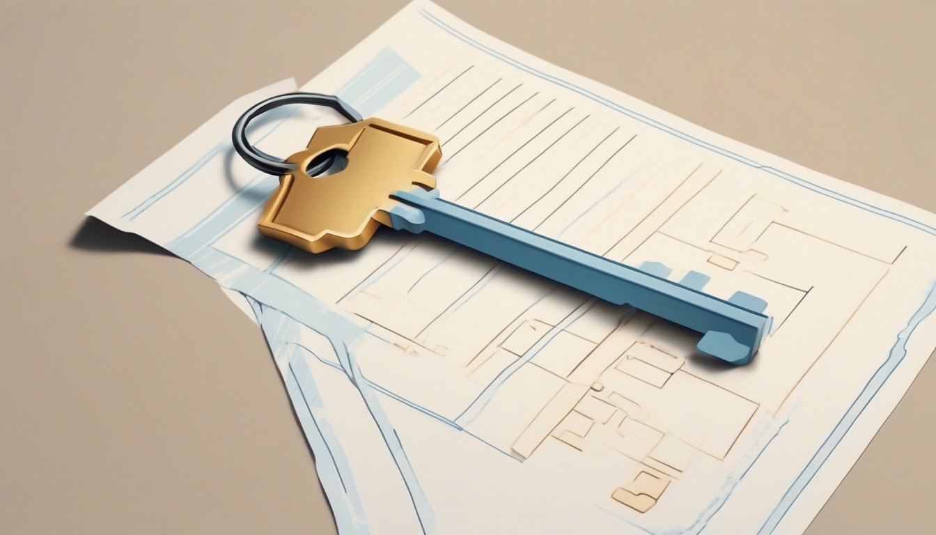 A of a small apartment key resting on top of a finished c...