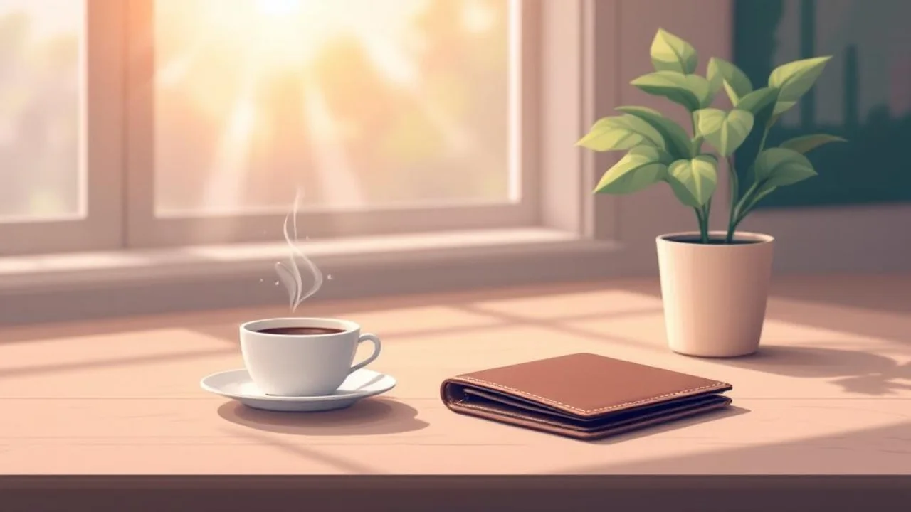 A of an empty wallet beside a coffee cup and a small pott...