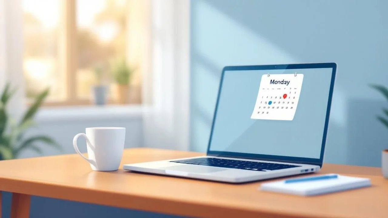 Flat illustration of an empty office desk on a quiet Mond...