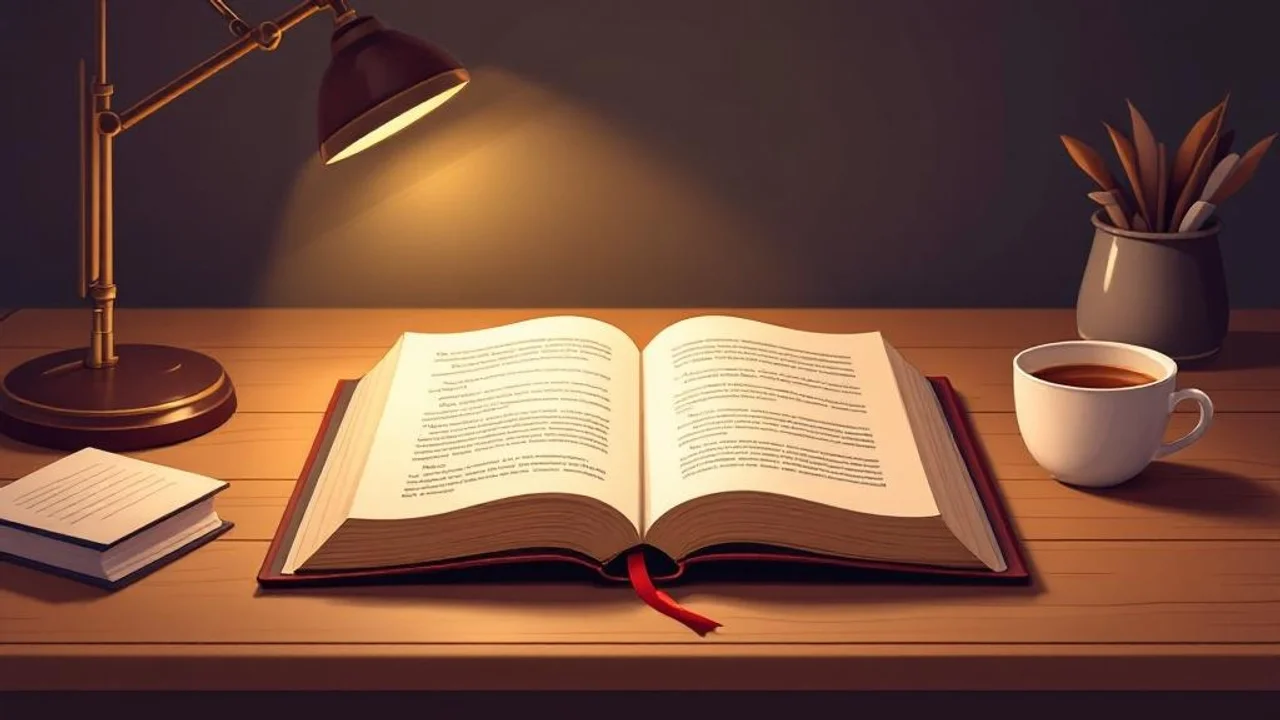 A modern flat illustration of an open chapter book on a w...