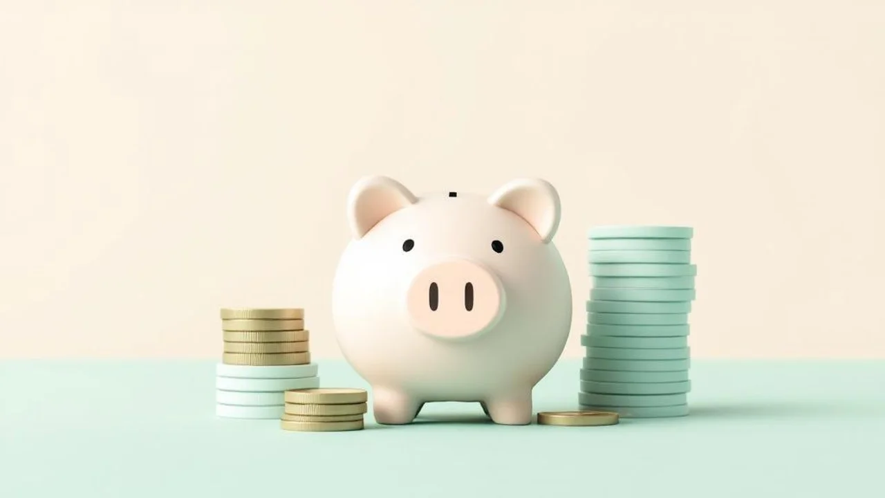 Modern flat illustration of a minimalist piggy bank surro...