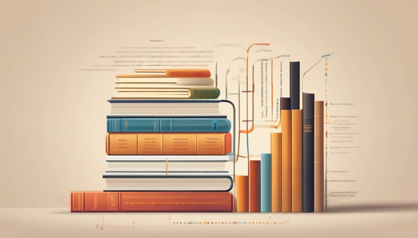 A flat infographic showing a stack of novels connected by...