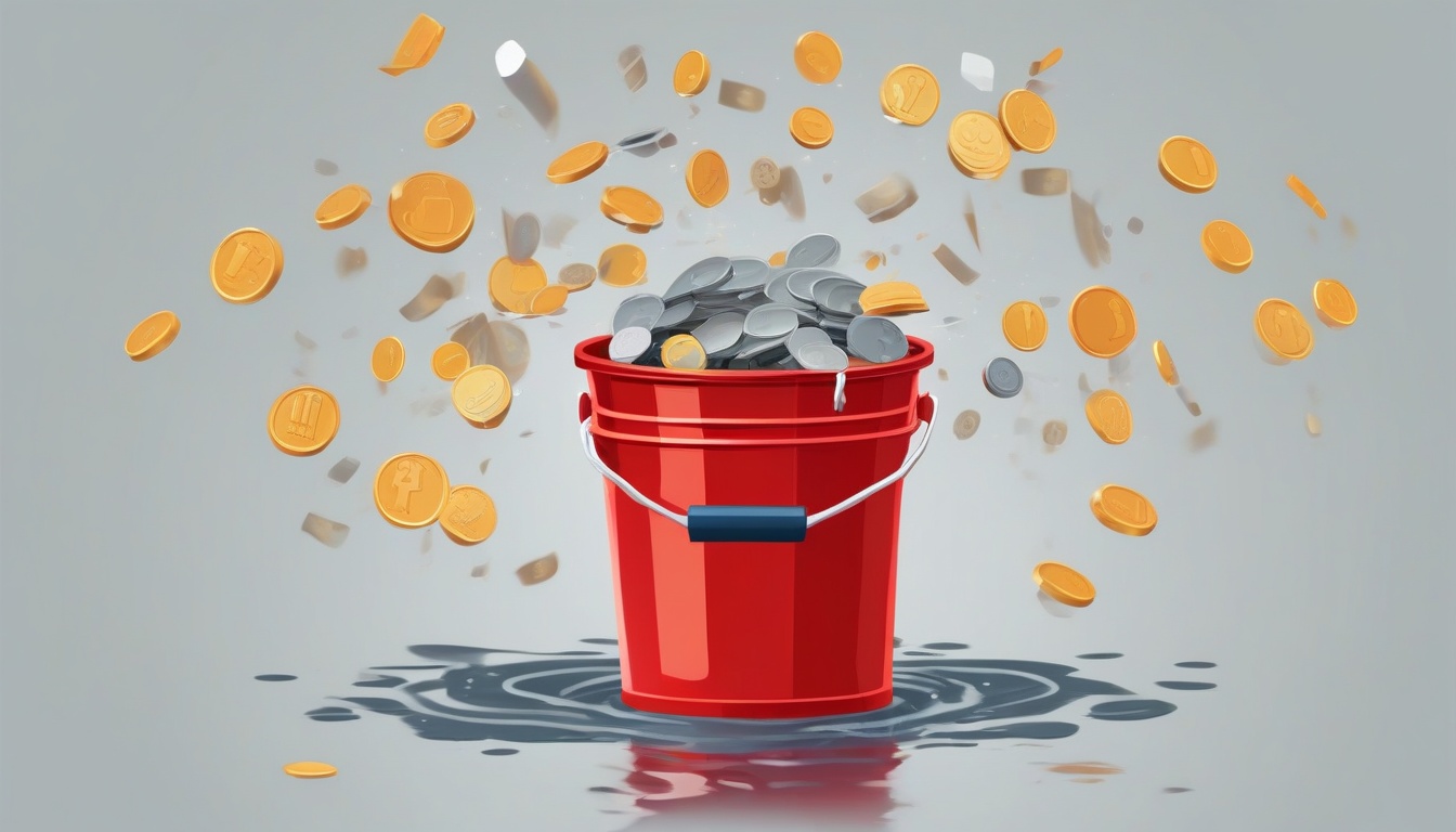 Conceptual flat illustration of a leaking bucket with coi...