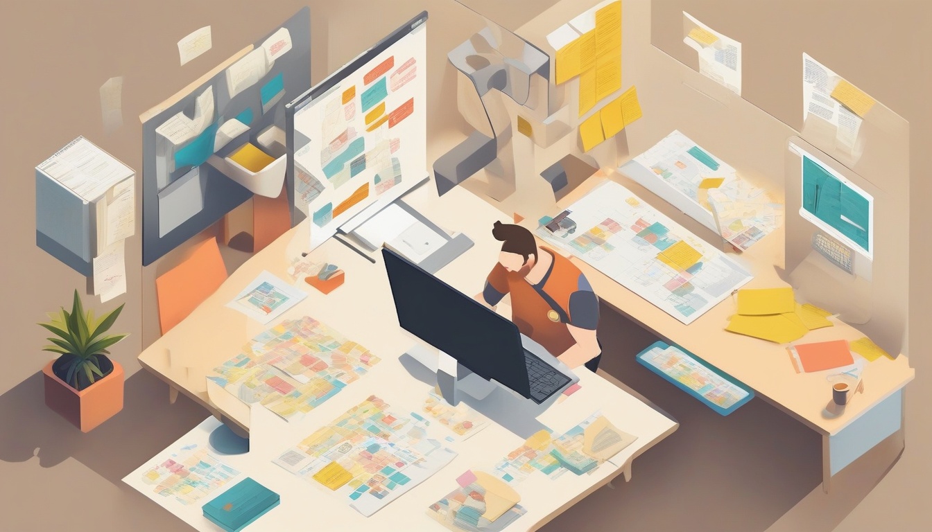 A flat illustration of a developer planning a portfolio: ...