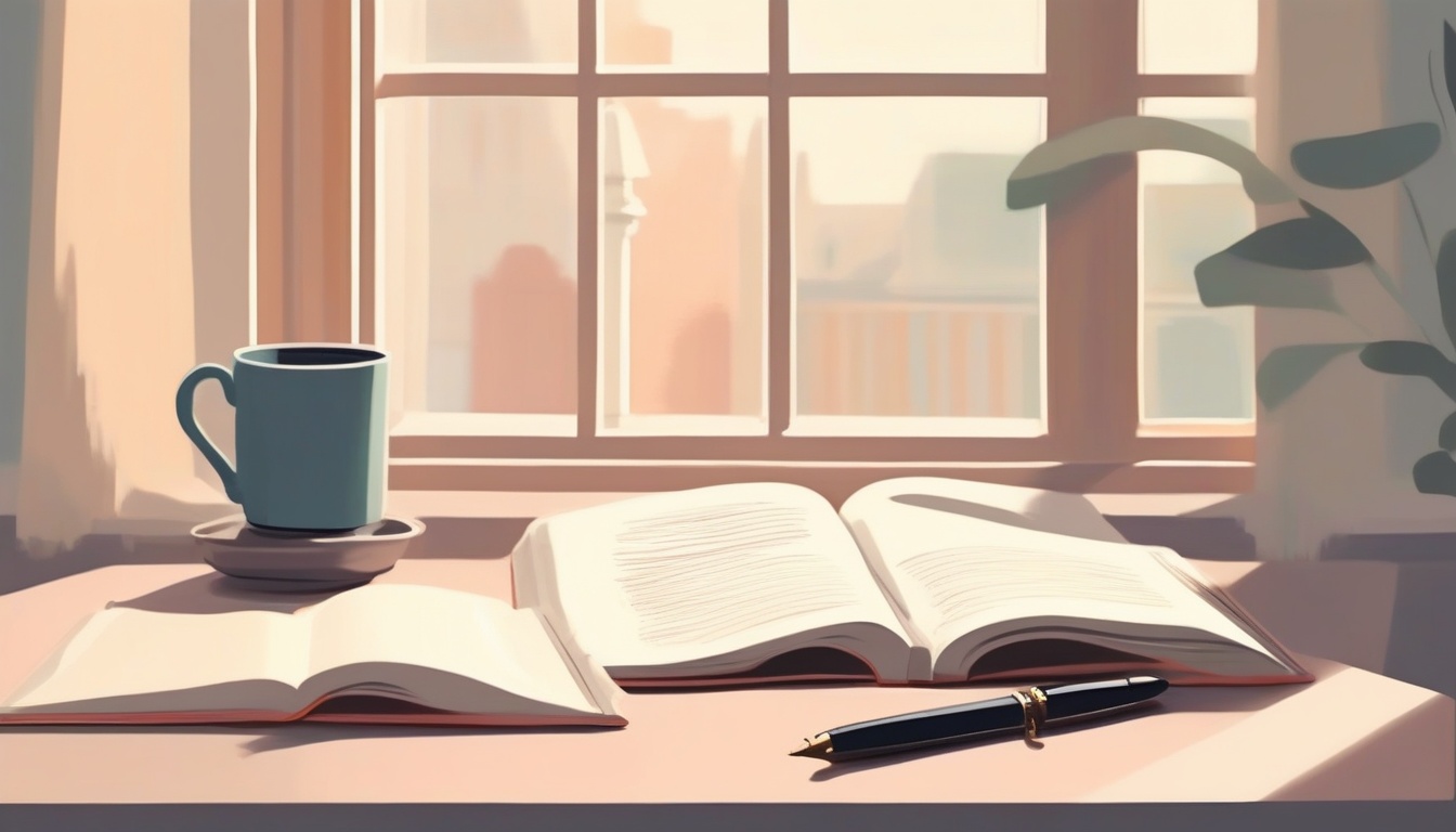 A of an open book on a desk with a coffee mug