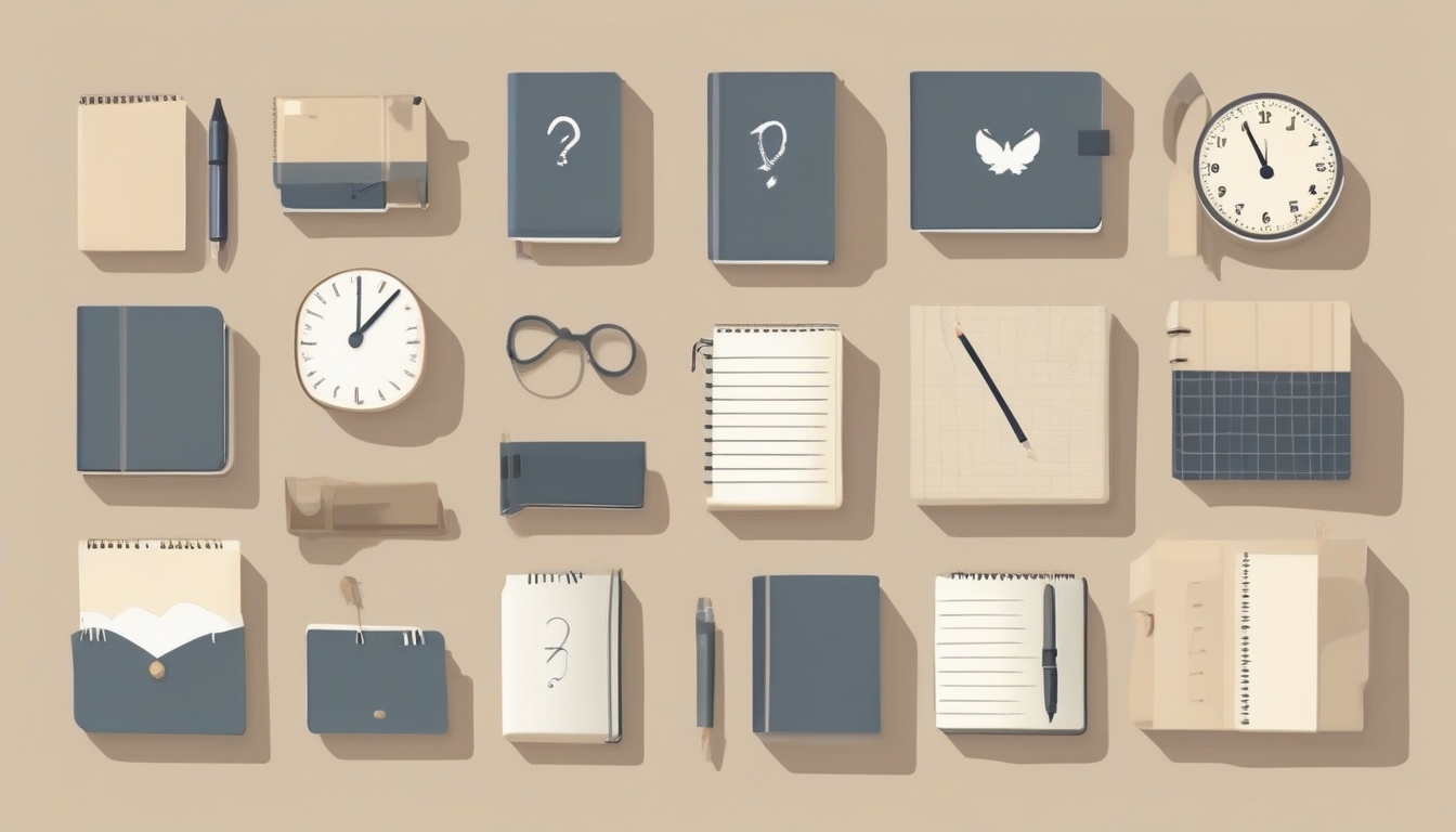 A clean modern flat illustration of a notebook with twent...