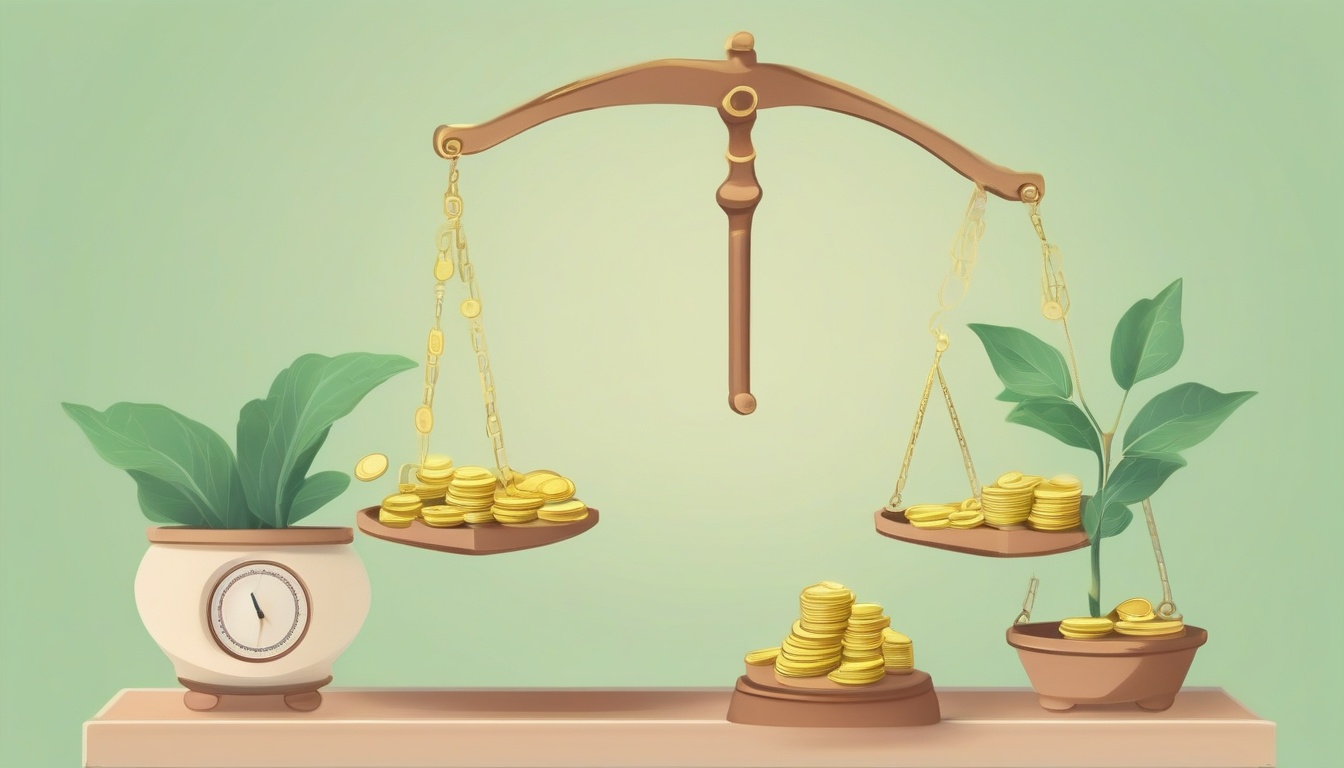 A of an old-fashioned balance scale with stylized golden ...