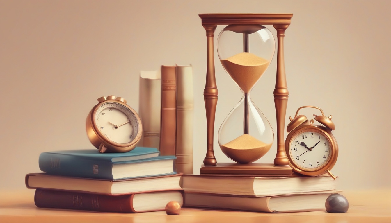 A flat illustration of an hourglass next to a stack of th...