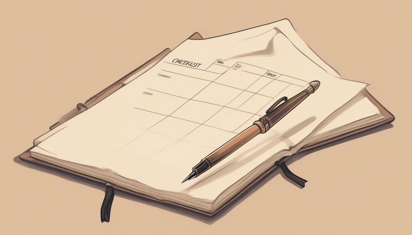 A of a finished checklist on a clean desk with a closed b...
