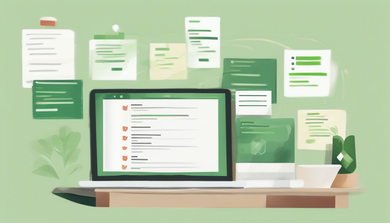 A flat illustration showing final review checklist: lapto...