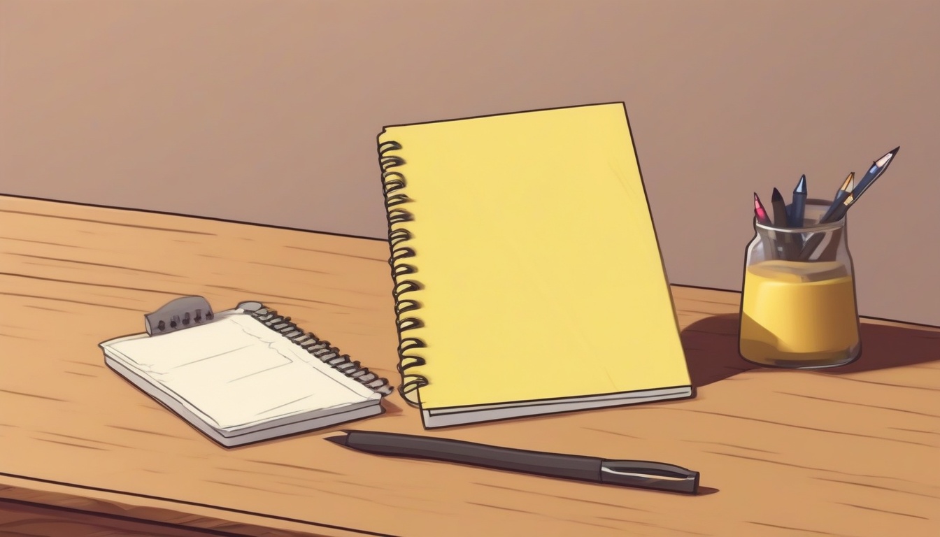 A of a small yellow caution sign beside a notebook and pe...