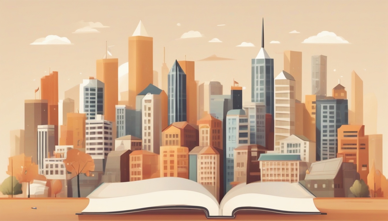 A flat illustration of a city skyline with school buildin...